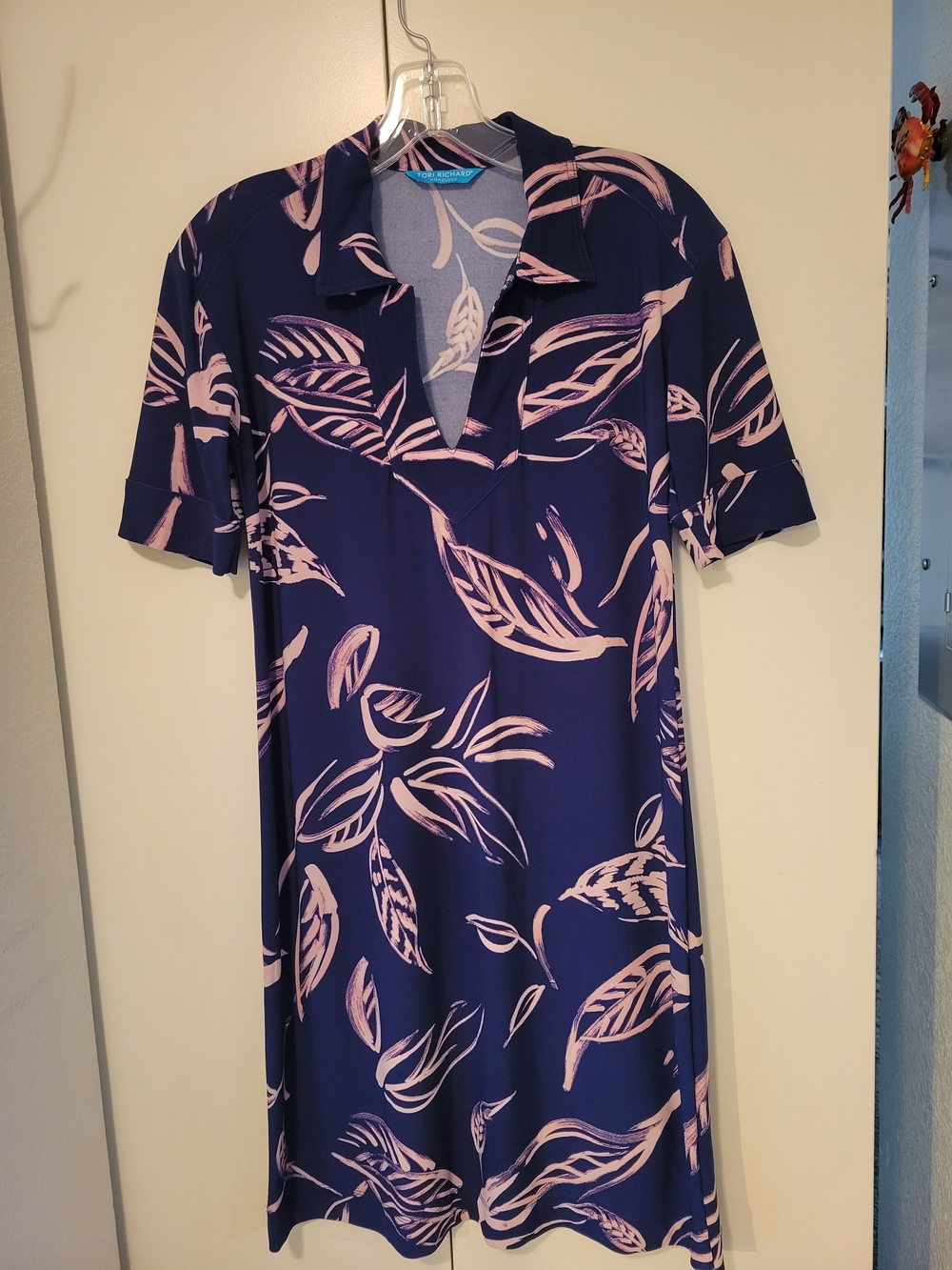 Tori Richard Navy Dress with Pale Pink Leaf Print
